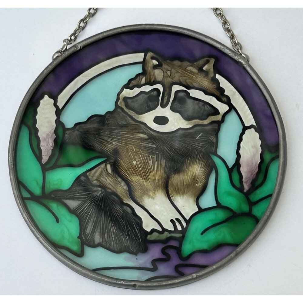 Vintage Raccoon Stained Glass Suncatcher Nature 3.5” Outdoor Home Decor Hanging - Picture 4 of 7